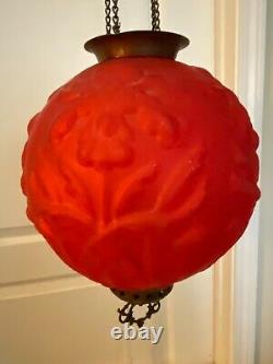 Antique Royal Iris Red Satin Globe Hanging Oil Lamp
