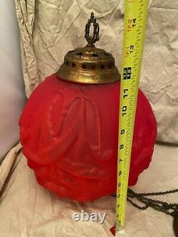 Antique Royal Iris Red Satin Globe Hanging Oil Lamp