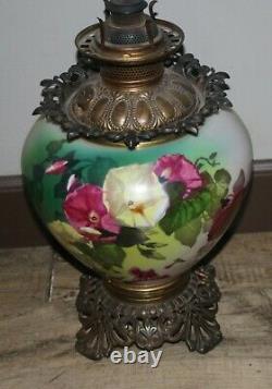 Antique Royal Victorian Brass Gone with Wind Oil Lamp Painted Glass Flowers USA