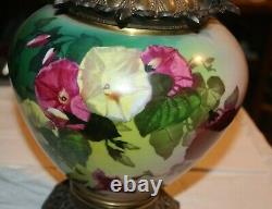 Antique Royal Victorian Brass Gone with Wind Oil Lamp Painted Glass Flowers USA