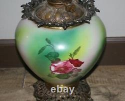 Antique Royal Victorian Brass Gone with Wind Oil Lamp Painted Glass Flowers USA