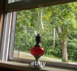 Antique Ruby Red Glass Oil Lamp Gorham Silver Plated Base Thomaston, Ct Burner