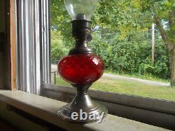 Antique Ruby Red Glass Oil Lamp Gorham Silver Plated Base Thomaston, Ct Burner