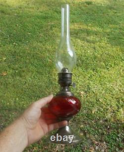 Antique Ruby Red Glass Oil Lamp Gorham Silver Plated Base Thomaston, Ct Burner