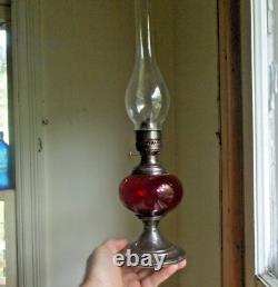 Antique Ruby Red Glass Oil Lamp Gorham Silver Plated Base Thomaston, Ct Burner