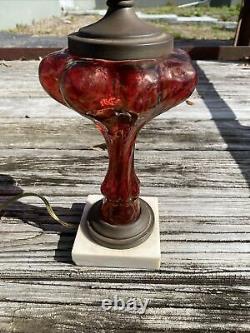 Antique Ruby Red Hand Blown Glass Marble Base Lamp With Hurricane Shade 22 Tall