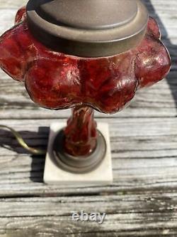 Antique Ruby Red Hand Blown Glass Marble Base Lamp With Hurricane Shade 22 Tall