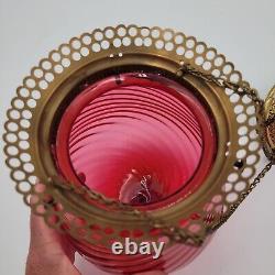 Antique Ruby Red Swirl Glass Round Bell Shade Hall Parlor Hanging Oil Lamp