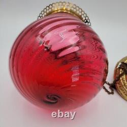Antique Ruby Red Swirl Glass Round Bell Shade Hall Parlor Hanging Oil Lamp