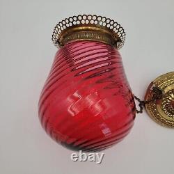 Antique Ruby Red Swirl Glass Round Bell Shade Hall Parlor Hanging Oil Lamp
