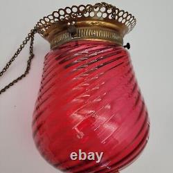 Antique Ruby Red Swirl Glass Round Bell Shade Hall Parlor Hanging Oil Lamp