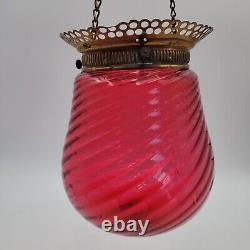 Antique Ruby Red Swirl Glass Round Bell Shade Hall Parlor Hanging Oil Lamp
