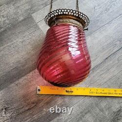 Antique Ruby Red Swirl Glass Round Bell Shade Hall Parlor Hanging Oil Lamp