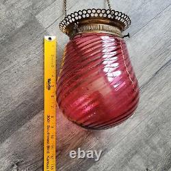 Antique Ruby Red Swirl Glass Round Bell Shade Hall Parlor Hanging Oil Lamp