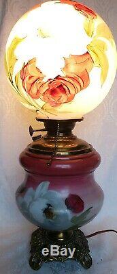Antique SUCCESS GWTW HAND PAINTED ROSES OIL LAMP CONVERTED 21,5