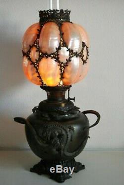 Antique Sea Shells Art Nouveau B&h Gwtw Snake Aligator Asian Kerosene Oil Lamp