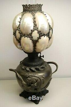 Antique Sea Shells Art Nouveau B&h Gwtw Snake Aligator Asian Kerosene Oil Lamp