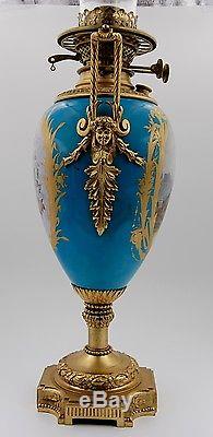 Antique Sevres France Hand Painted Porcelain Bronze Oil Lamp Urn Vase