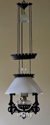 Antique Signed Bradley & Hubbard Cast Iron Up/Down Hanging Oil Lamp Dated 1877