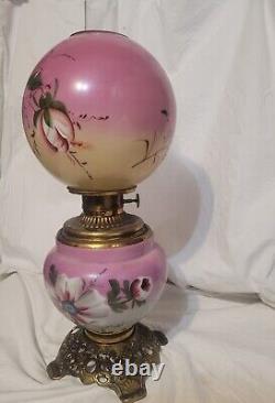 Antique Signed NB&IW Double Globe Handpainted Hurricane Oil Lamp