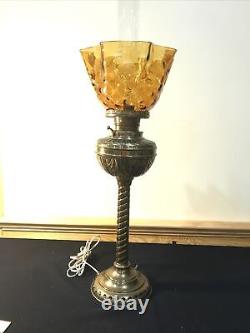 Antique Spiral Brass Amber Coin Dot Parlor Banquet Victorian Oil Lamp Electric