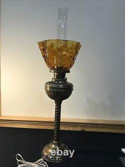 Antique Spiral Brass Amber Coin Dot Parlor Banquet Victorian Oil Lamp Electric