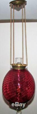 Antique Swirled Cranberry Glass Hanging Oil Kero. Hall Lamp Frame Shade Fixture