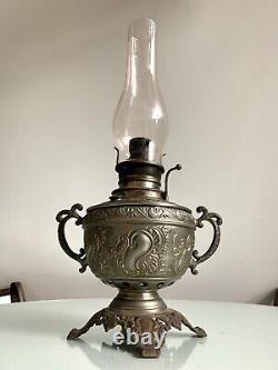 Antique The Haida Oil Lamp Fully Embossed Handled & Footed Tinted Chimney