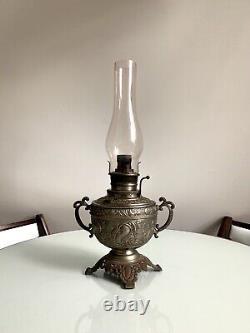 Antique The Haida Oil Lamp Fully Embossed Handled & Footed Tinted Chimney