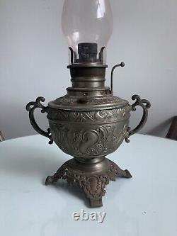 Antique The Haida Oil Lamp Fully Embossed Handled & Footed Tinted Chimney