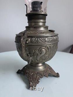 Antique The Haida Oil Lamp Fully Embossed Handled & Footed Tinted Chimney