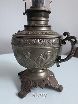 Antique The Haida Oil Lamp Fully Embossed Handled & Footed Tinted Chimney