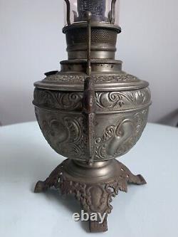 Antique The Haida Oil Lamp Fully Embossed Handled & Footed Tinted Chimney