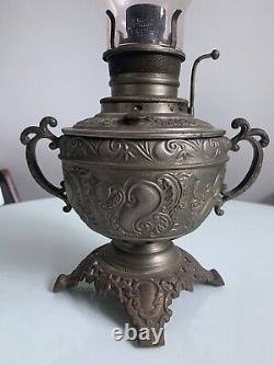 Antique The Haida Oil Lamp Fully Embossed Handled & Footed Tinted Chimney