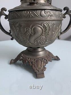 Antique The Haida Oil Lamp Fully Embossed Handled & Footed Tinted Chimney
