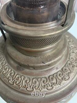 Antique The Haida Oil Lamp Fully Embossed Handled & Footed Tinted Chimney