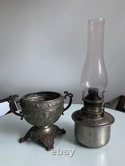 Antique The Haida Oil Lamp Fully Embossed Handled & Footed Tinted Chimney