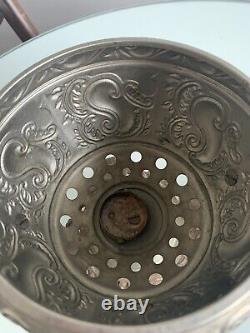 Antique The Haida Oil Lamp Fully Embossed Handled & Footed Tinted Chimney