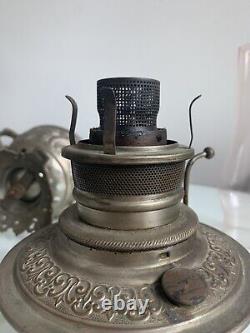 Antique The Haida Oil Lamp Fully Embossed Handled & Footed Tinted Chimney