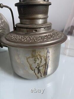 Antique The Haida Oil Lamp Fully Embossed Handled & Footed Tinted Chimney