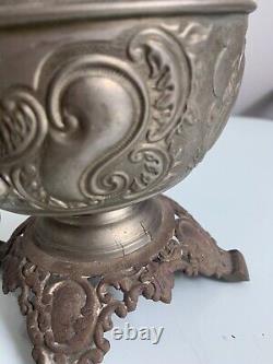 Antique The Haida Oil Lamp Fully Embossed Handled & Footed Tinted Chimney