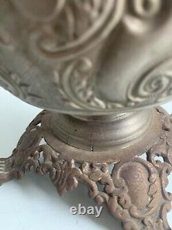 Antique The Haida Oil Lamp Fully Embossed Handled & Footed Tinted Chimney