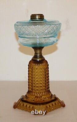 Antique Thousand Eye Lamp Amber Base, Blue Font Oil Lamp For #2 Burner