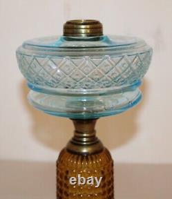 Antique Thousand Eye Lamp Amber Base, Blue Font Oil Lamp For #2 Burner