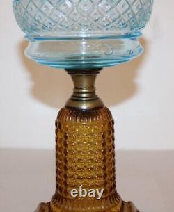 Antique Thousand Eye Lamp Amber Base, Blue Font Oil Lamp For #2 Burner