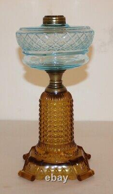 Antique Thousand Eye Lamp Amber Base, Blue Font Oil Lamp For #2 Burner