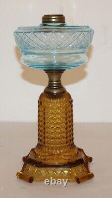 Antique Thousand Eye Lamp Amber Base, Blue Font Oil Lamp For #2 Burner