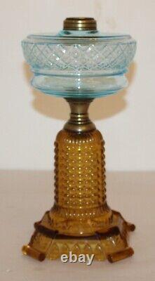 Antique Thousand Eye Lamp Amber Base, Blue Font Oil Lamp For #2 Burner