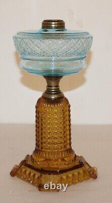 Antique Thousand Eye Lamp Amber Base, Blue Font Oil Lamp For #2 Burner