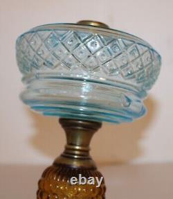 Antique Thousand Eye Lamp Amber Base, Blue Font Oil Lamp For #2 Burner